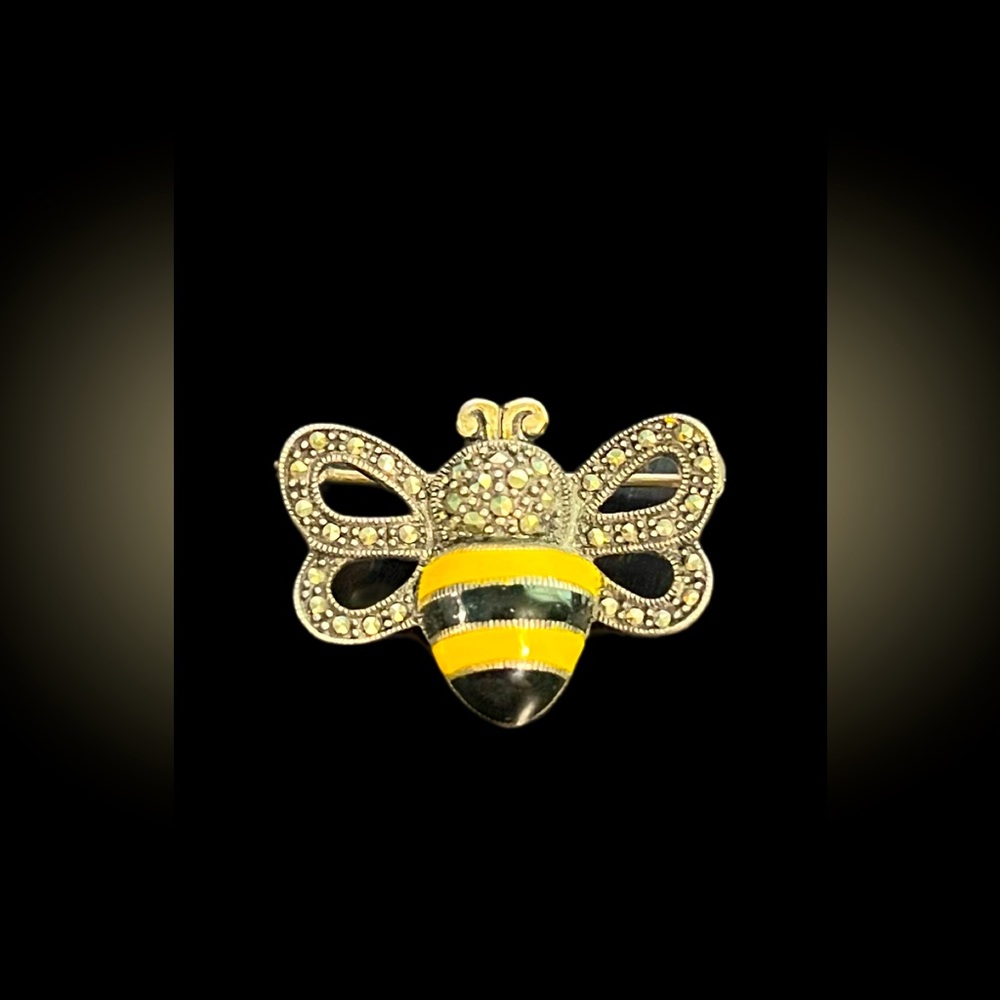 Vintage Marcasite and Enamel Queen Bee Broach or Pin in Sterling Silver